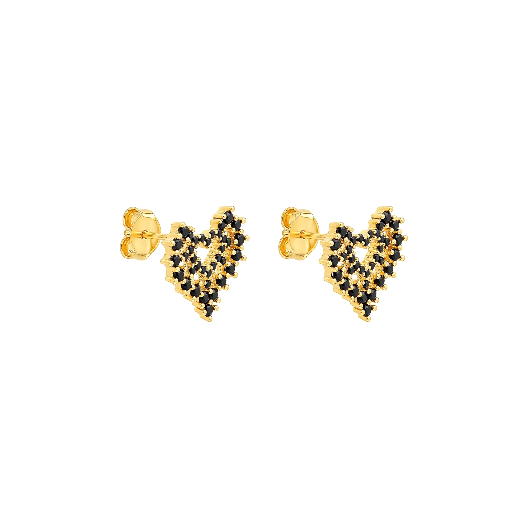 Brinco Dourado de Coração Cravejado de Zircônia Preta