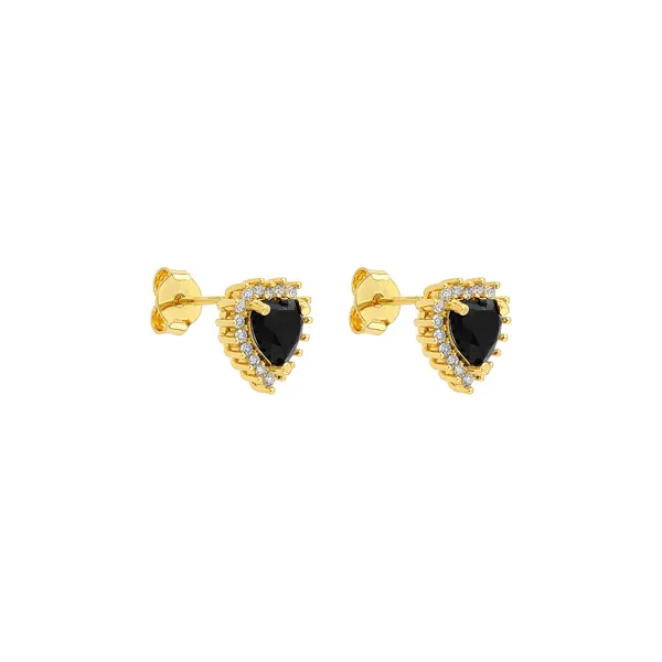 Brinco Dourado de Coração Preto Cravejado Zircônia