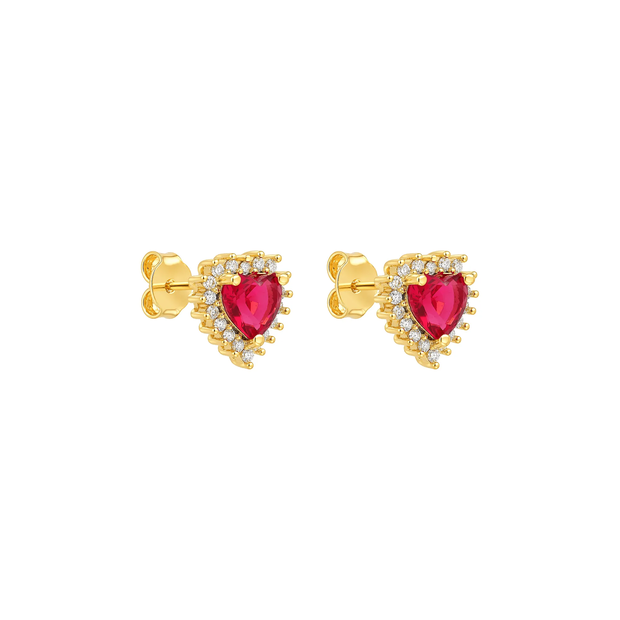 Brinco Dourado de Coração Vermelho Cravejado Zircônia